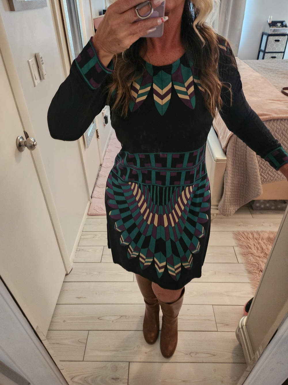 Tory Burch Black Midi Dress with Teal and Purple Geometric Print